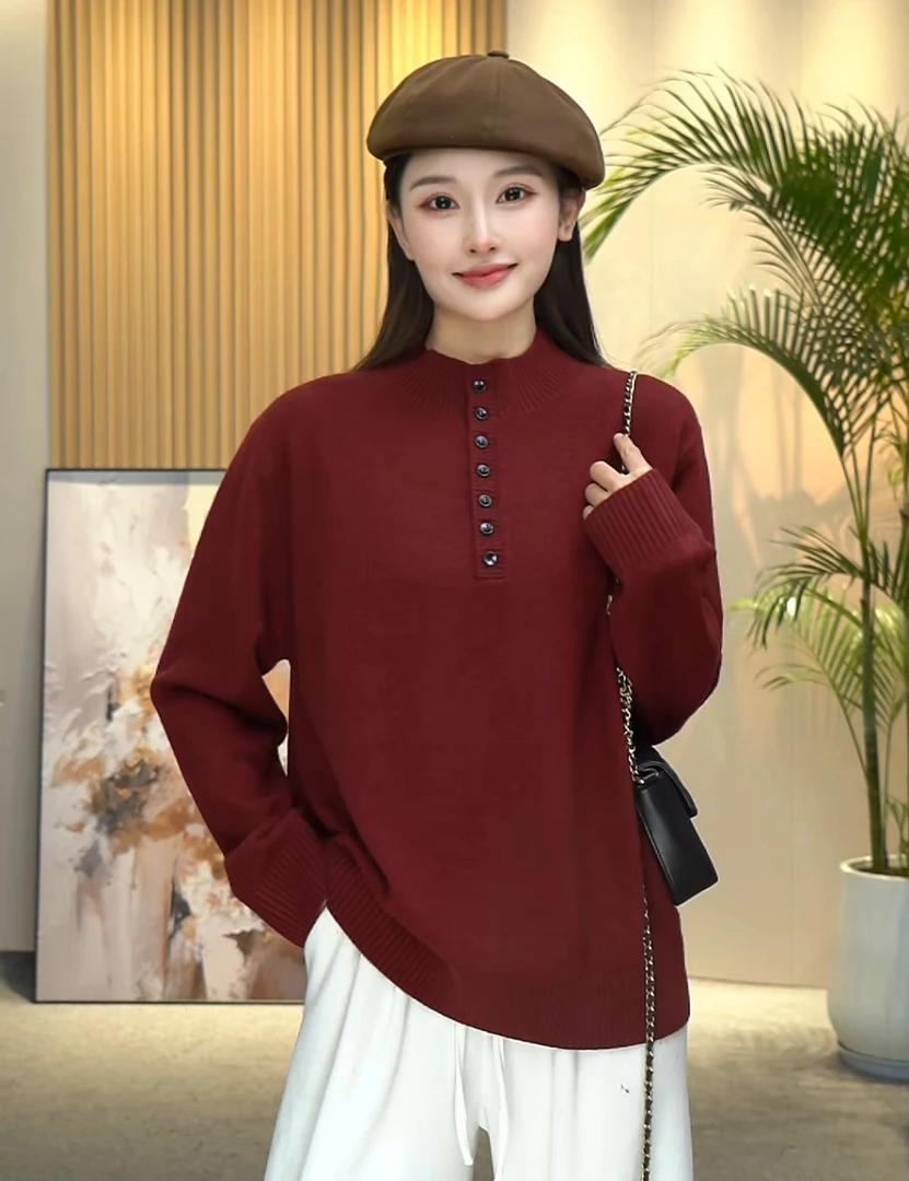 【Y&Q】冬季新保暖简约显瘦半高领纽扣毛衣宽松百搭针织羊毛半开衫
