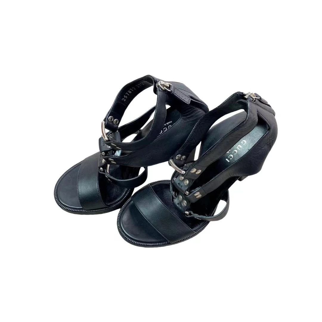 99新 GUCCI/古驰  黑色高跟凉鞋 37.5码 aa一六四九