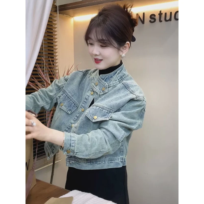 早春牛仔外套女2025新款爆款春款港风高级感短款立领夹克上衣女潮