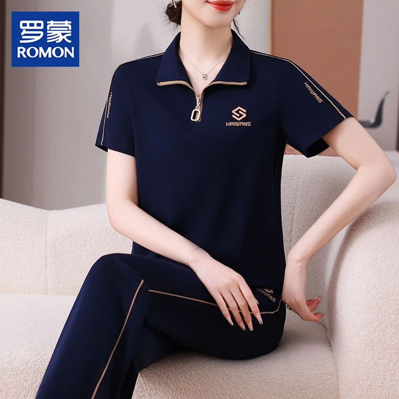 罗蒙时尚妈妈夏装运动套装新款中年立领短袖T恤中老年女装两件套