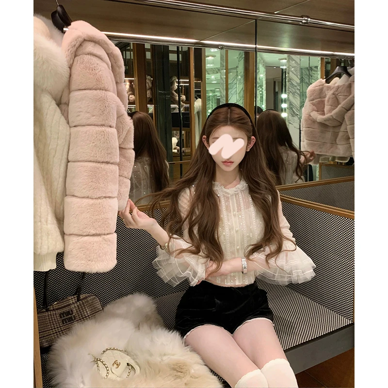 【mimius】U 26早春重工款荷叶领珠片蕾丝边衬衫（很薄很勾丝）G11162