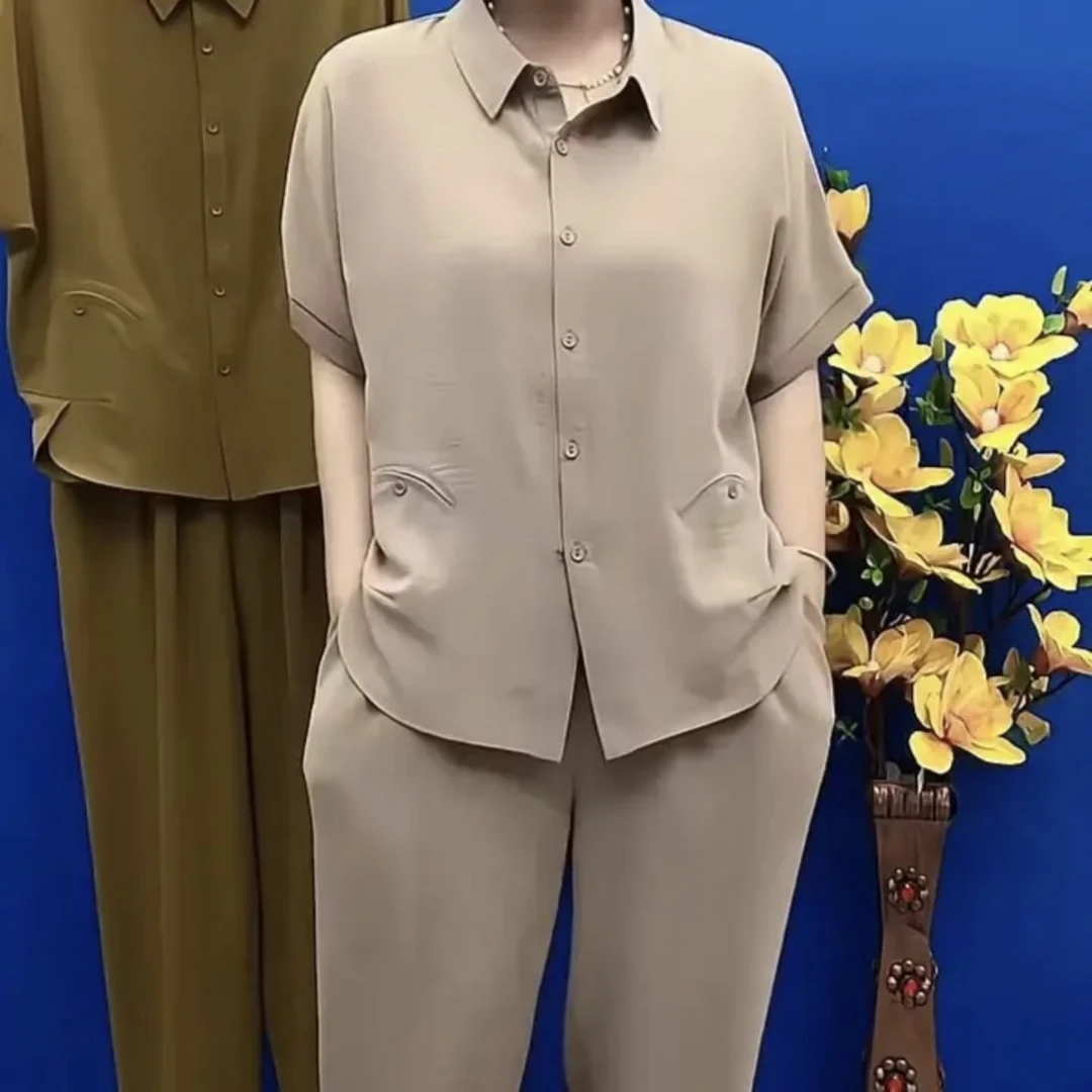 2025夏季新款高档气质减龄妈妈装两件套时尚休闲宽松显瘦纯色套装