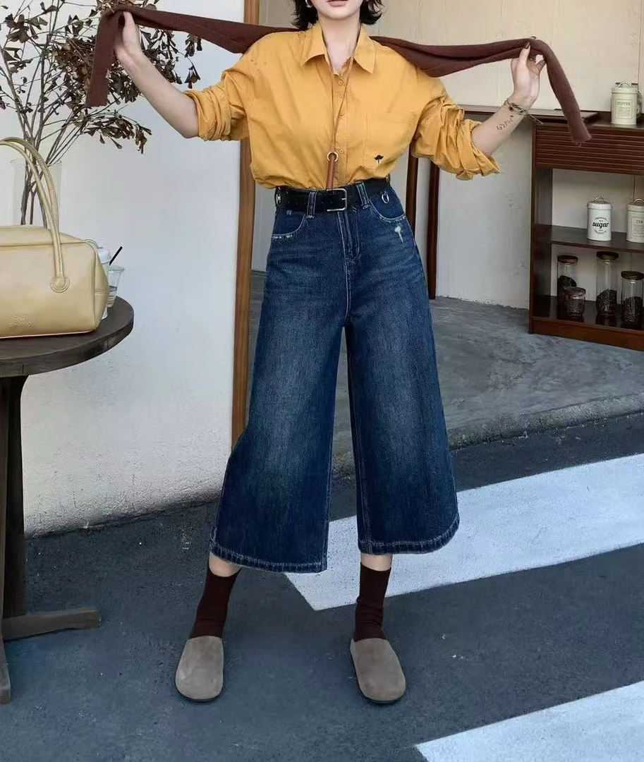 8805号6867#百搭休闲复古破洞设计显瘦七分牛仔裤（配腰带）（预）