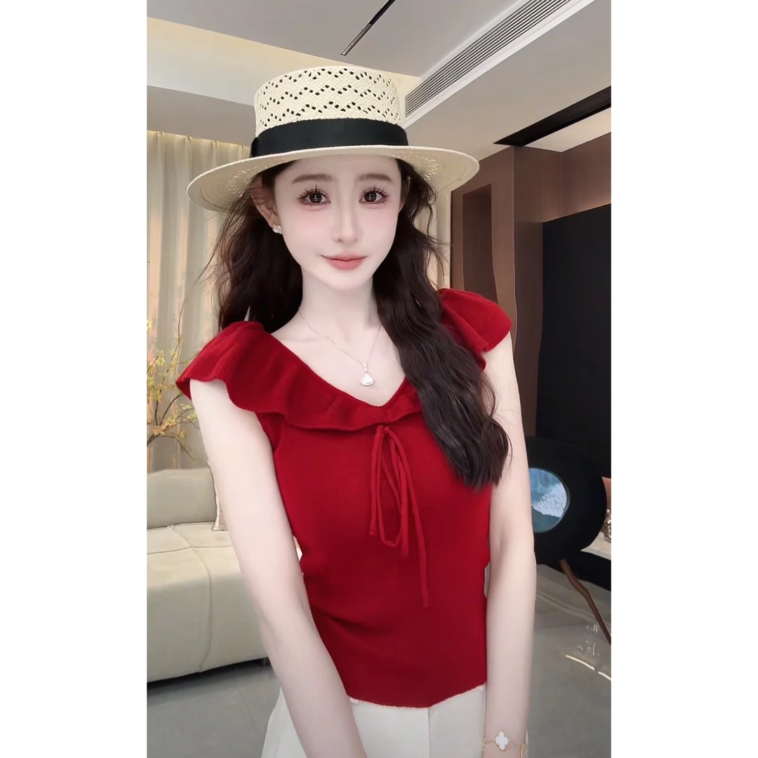 西恩定制●（梅子红了）夏季设计感甜美木耳边一字肩上衣LNX5SY2028