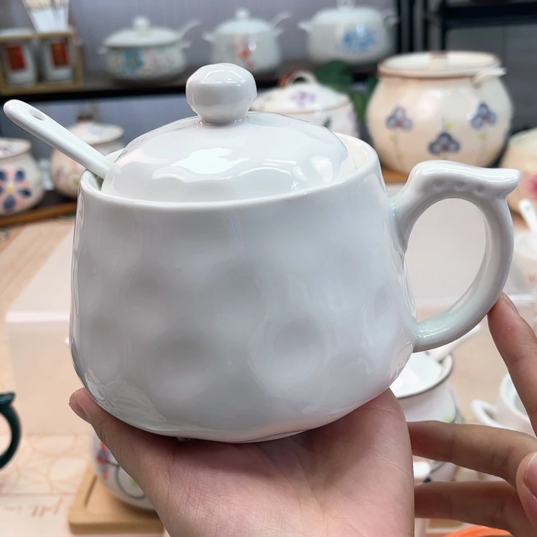 【闪购商品】瓷500毫升单柄调味罐纯白带勺