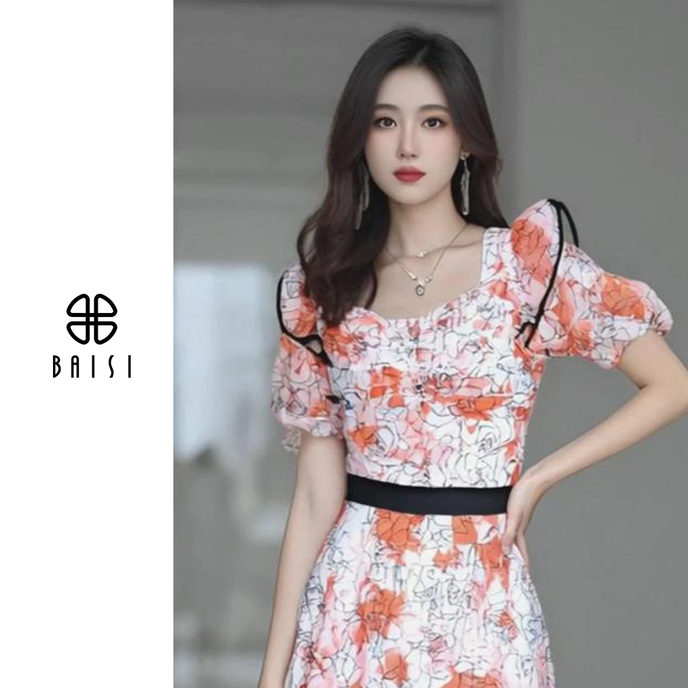 BAISI/百丝夏季复古港风拼接女上衣碎花收腰修身显瘦衫设计师款