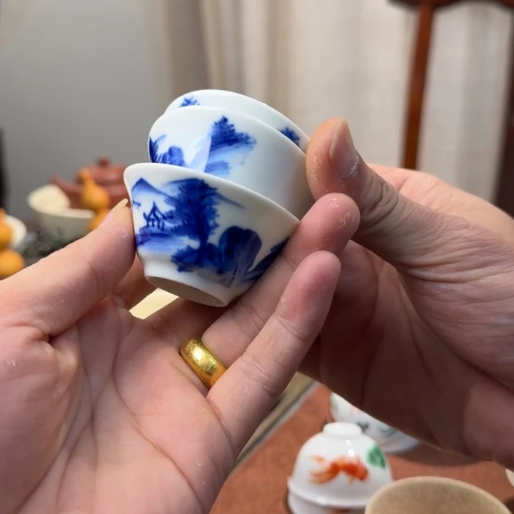 青花杯子福利价茶具三只