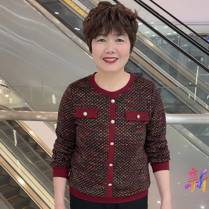 T613 春季中老年洋气妈妈装新款休闲百搭提花宽松长袖上衣