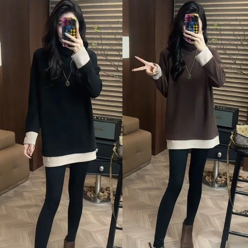 假两件撞色双面德绒T恤女冬加厚新款时尚半高领中长款打底衫上衣