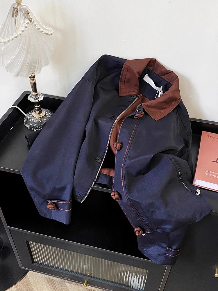 美式简约复古时尚撞色翻领夹克女2025秋季小众高街洋气长袖短外套