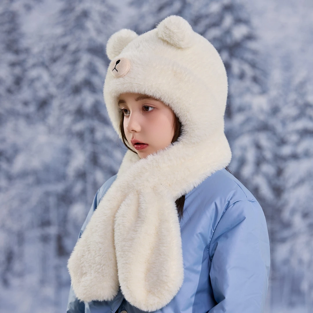 儿童帽子围巾一体秋冬季男女童加厚毛绒连体帽宝宝围脖防风护耳帽