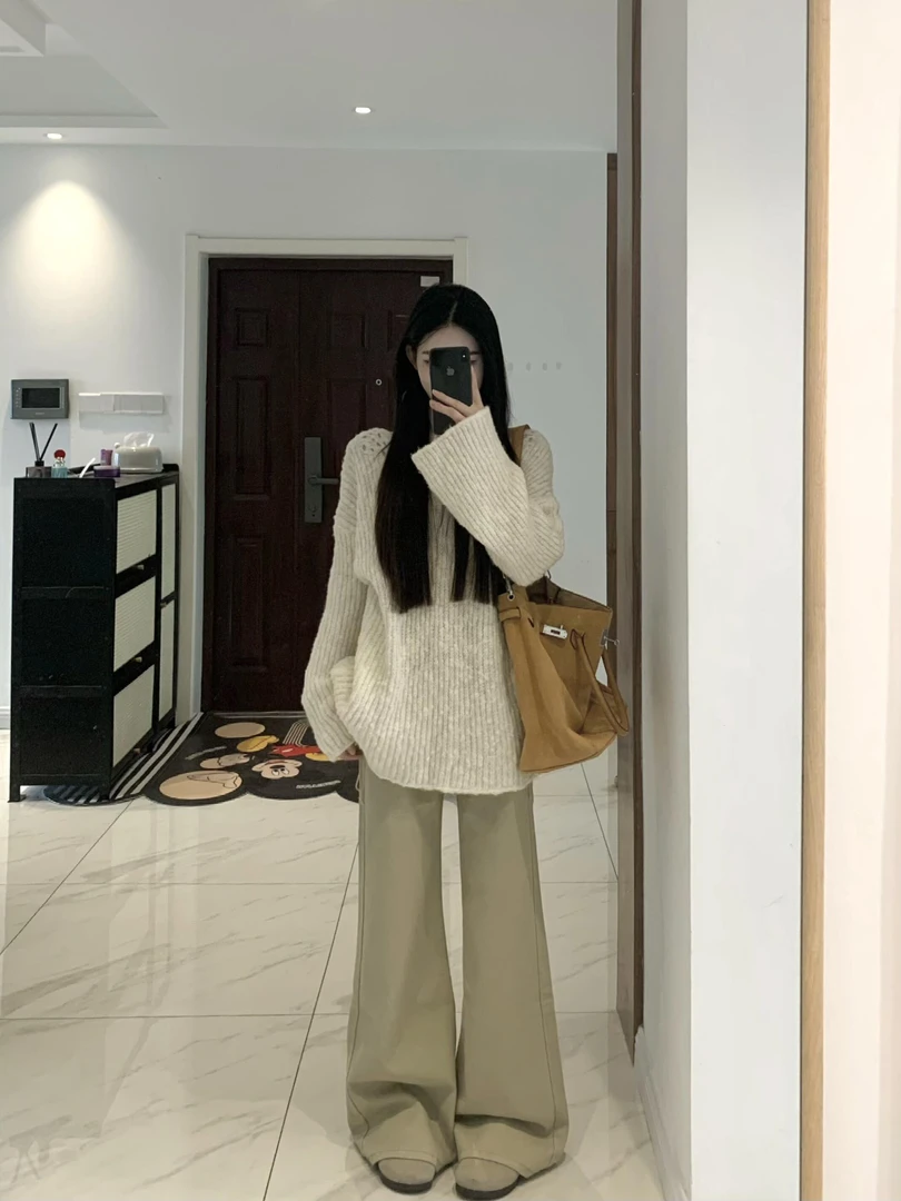 2025秋季新款韩系简约性感穿搭长袖气质上衣高腰休闲阔腿裤两件套