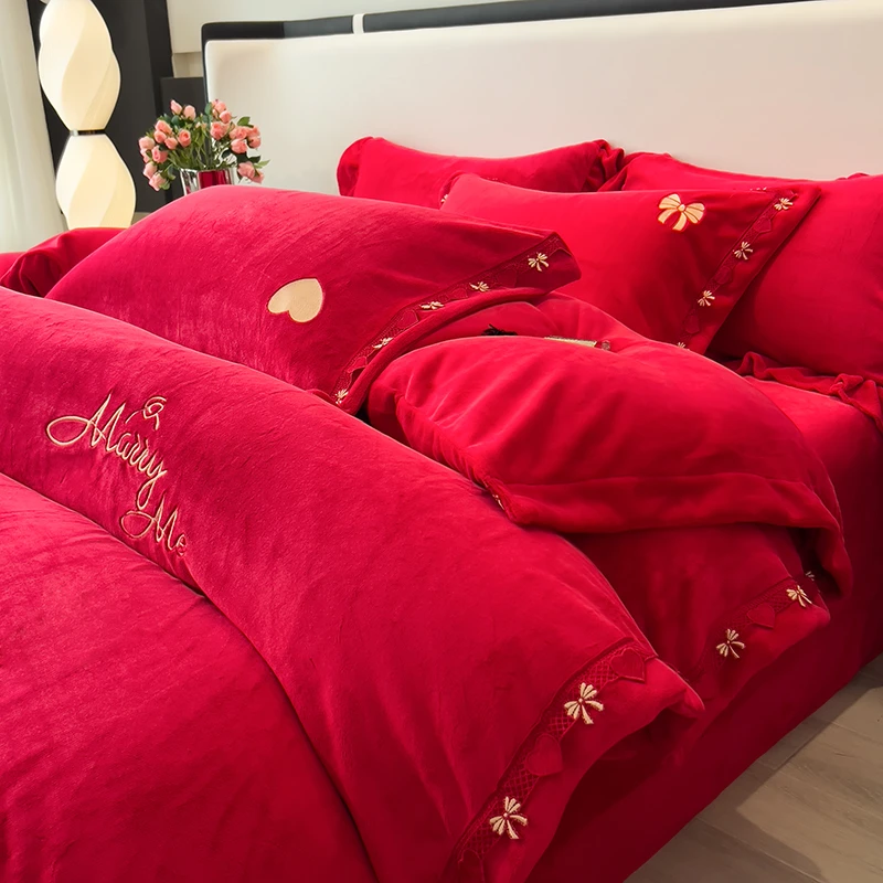 秋冬季双面牛奶绒结婚床上四件套加厚大红色喜庆床单被套婚庆床品