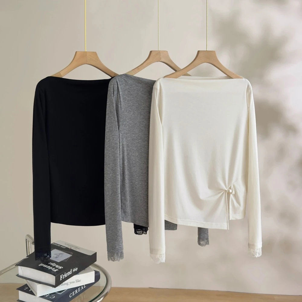 女装天丝羊毛一字领打底上衣女2025年秋季不规则扭结弹力长袖T恤