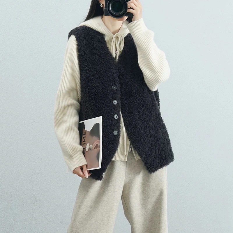 100羊毛V领马甲外套女秋冬皮毛一体洋气上衣颗粒羊剪绒海宁新款