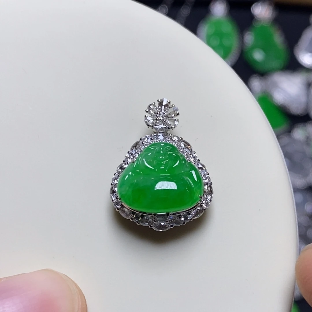 翡翠18K金镶嵌吊坠(不含链)阳绿佛