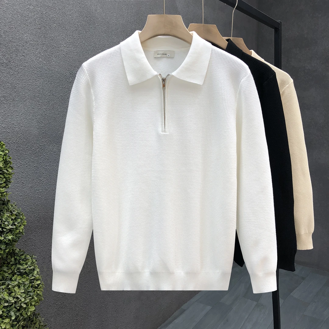 高品质半拉链翻领白色毛衣男潮流薄款针织衫男士秋冬季高端打底衫