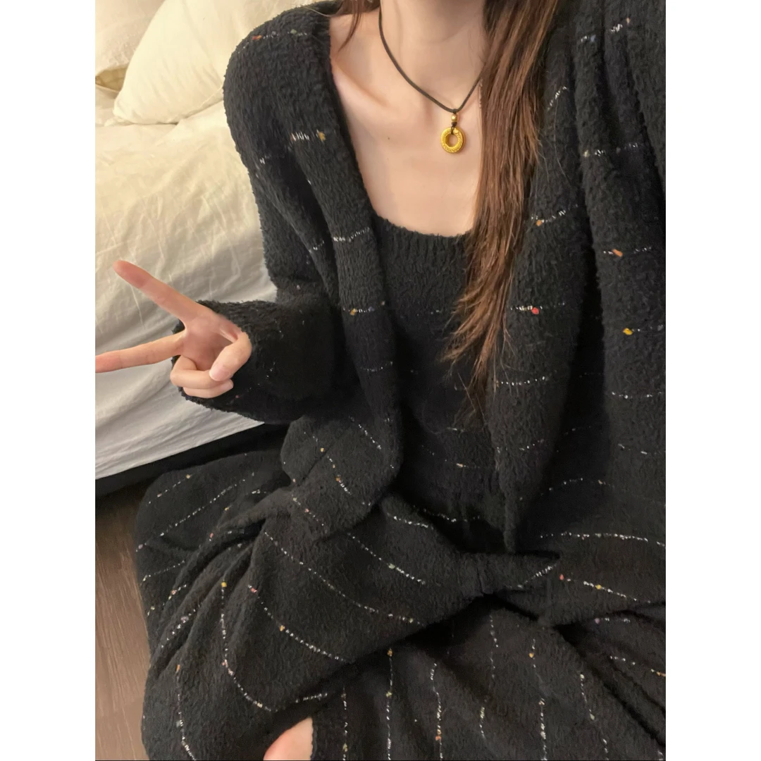 甜美纯色条纹针织半边绒睡衣女冬季新款开衫加厚保暖家居服三件套