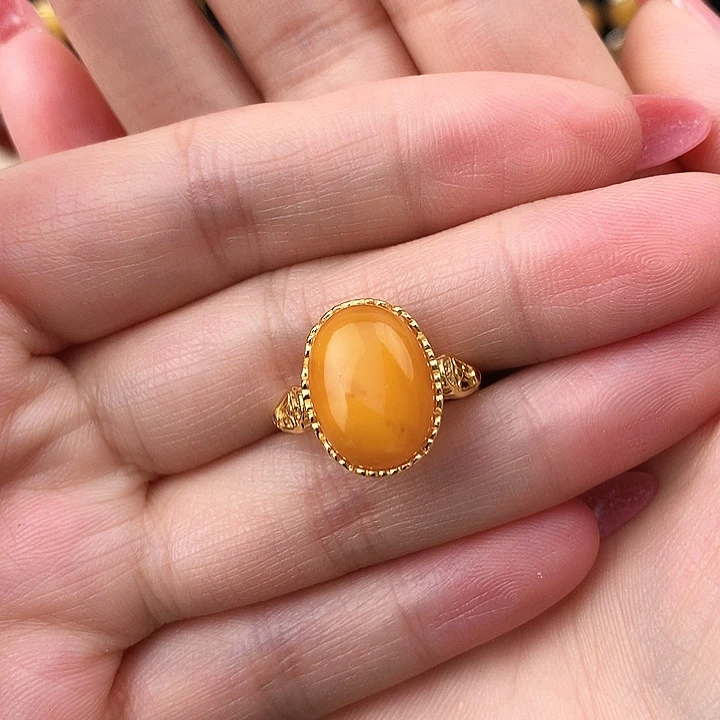 蜜蜡戒指银S925镶嵌戒指