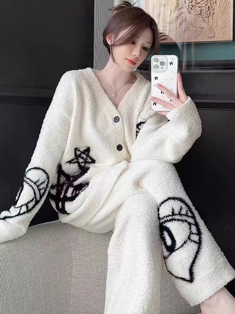 专属2025秋季加厚爱心图案半边绒慵懒风睡衣家居服套装女可外穿