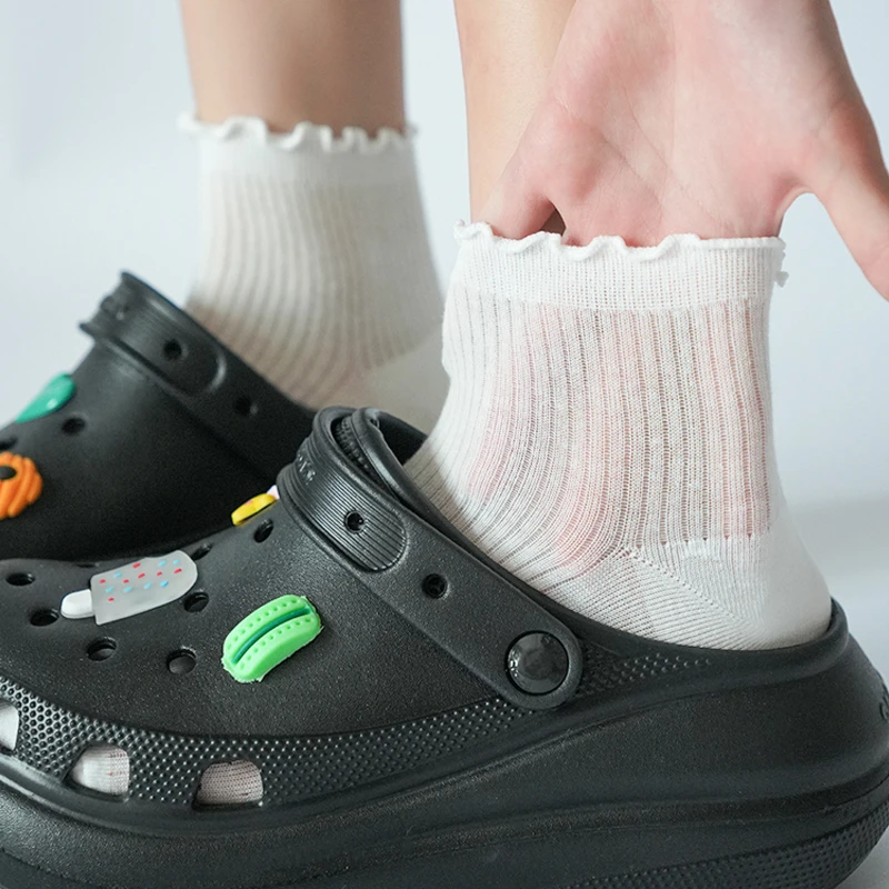 洞洞鞋袜子短袜女孩夏天薄袜网眼透气轻薄百搭少女风木耳边棉袜