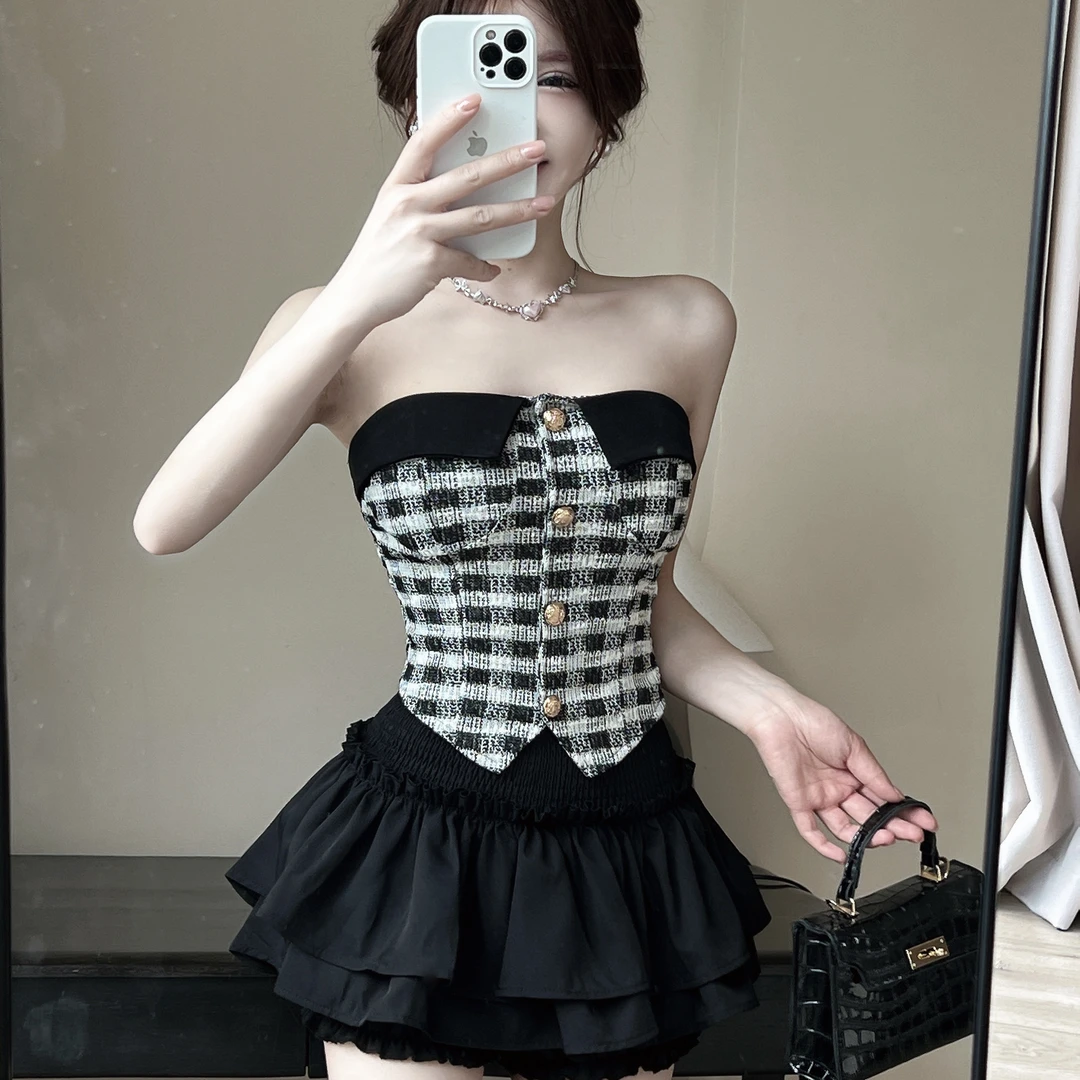 小香风辣妹套装女法式抹胸背心半身两件套短裙子夏季新款时尚套装