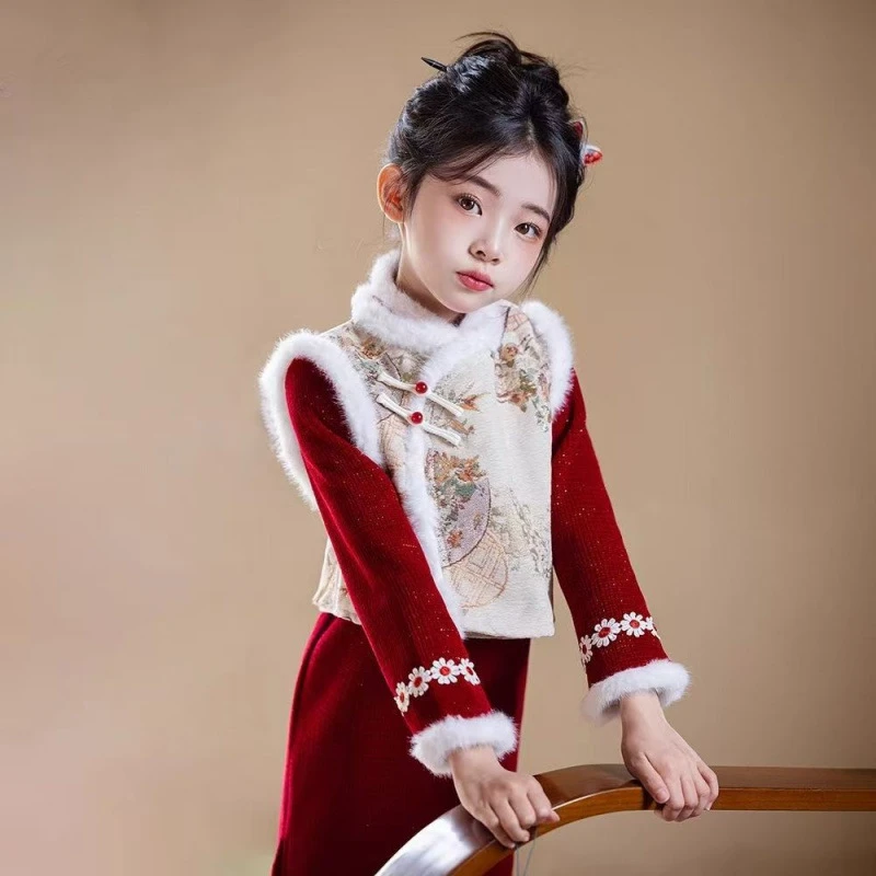 红色女童新年旗袍秋冬季加绒拜年服儿童新中式国风女孩过年服冬装