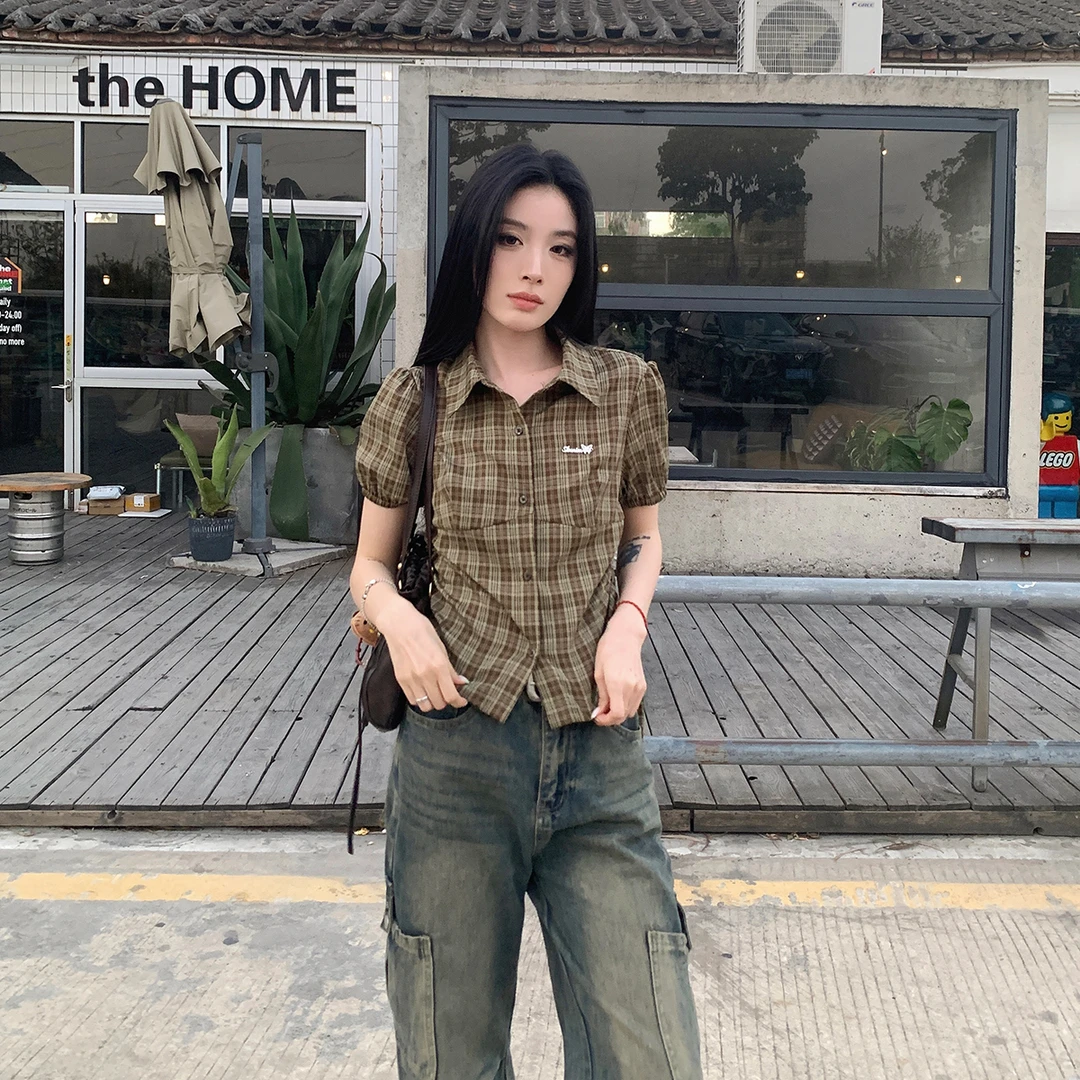 【吵吵小情绪】港风复古短袖衬衫撞色格纹休闲52022