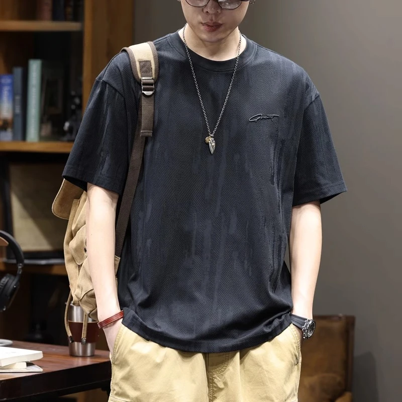 设计感提花短袖t恤男士夏季潮牌ins刺绣上衣宽松休闲圆领半袖体恤