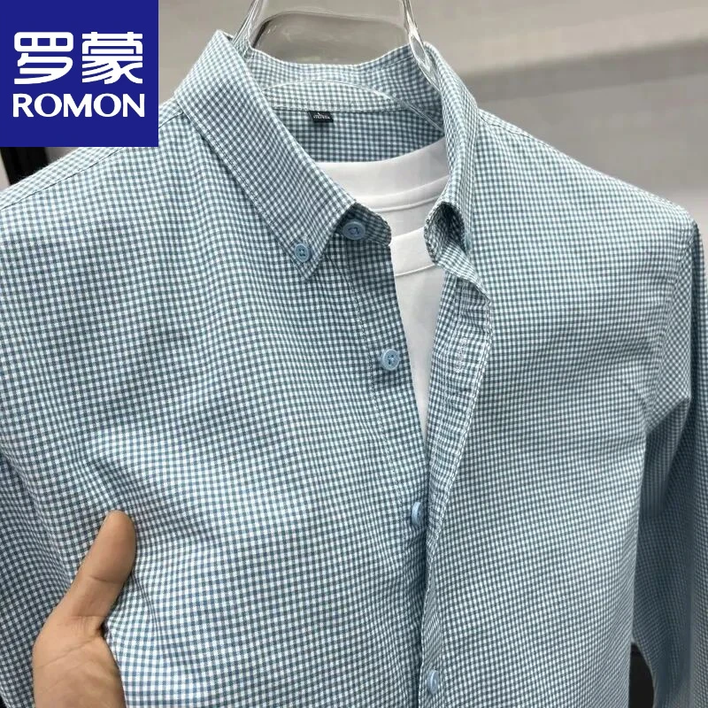罗蒙100%纯棉长袖小格子衬衫男士百搭休闲薄款时尚透气舒适衬衣男