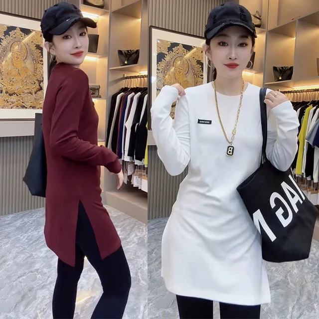 2025冬女时尚设计感气质百搭韩系显瘦修身简约中长款长袖T恤打底
