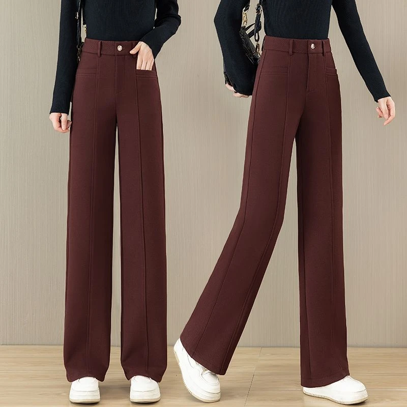 安可拉红阔腿裤女2025秋冬新款高腰加厚时尚百搭毛呢直筒休闲裤子