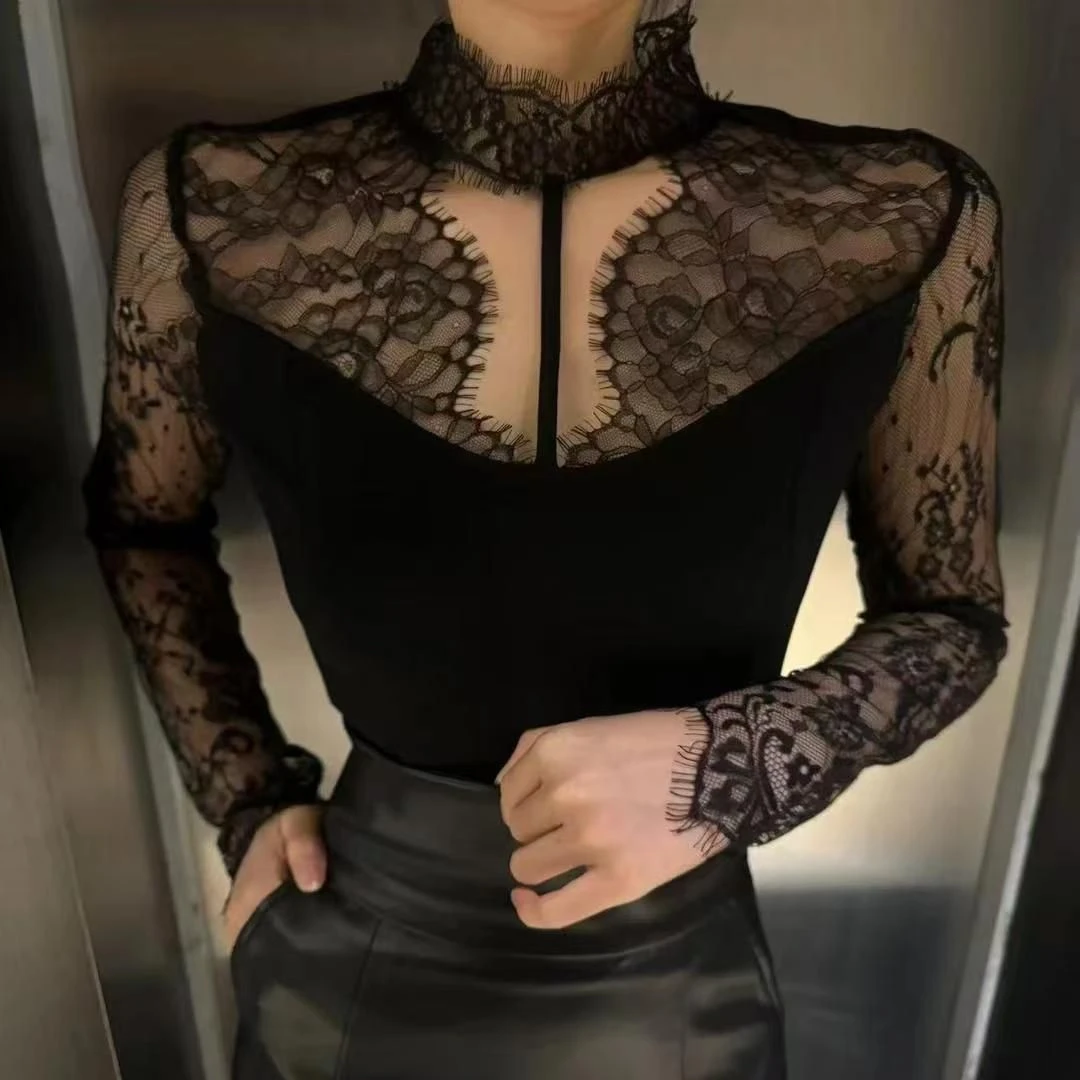 法式时尚性感镂空拼接蕾丝长袖t恤女2025新款修身洋气上衣ins