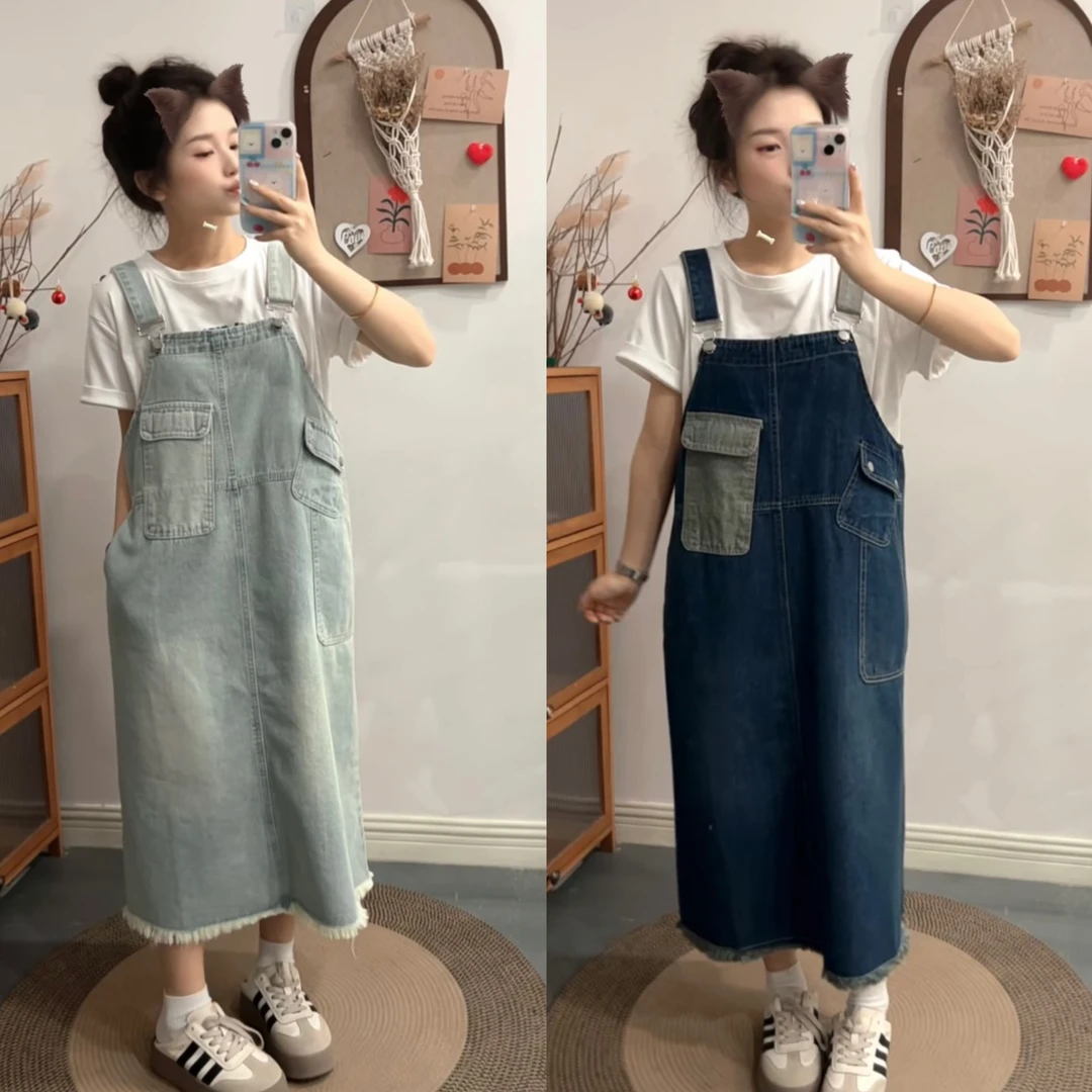 撞色口袋设计感异色肩带宽松慵懒牛仔背带裙