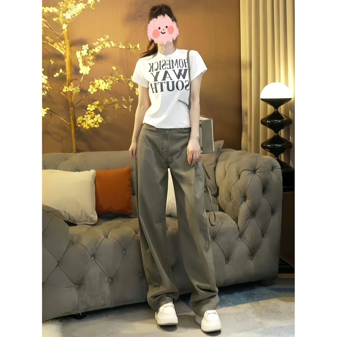 2025夏季简约印花字母圆领休闲短袖T恤上衣工装休闲裤气质套装女