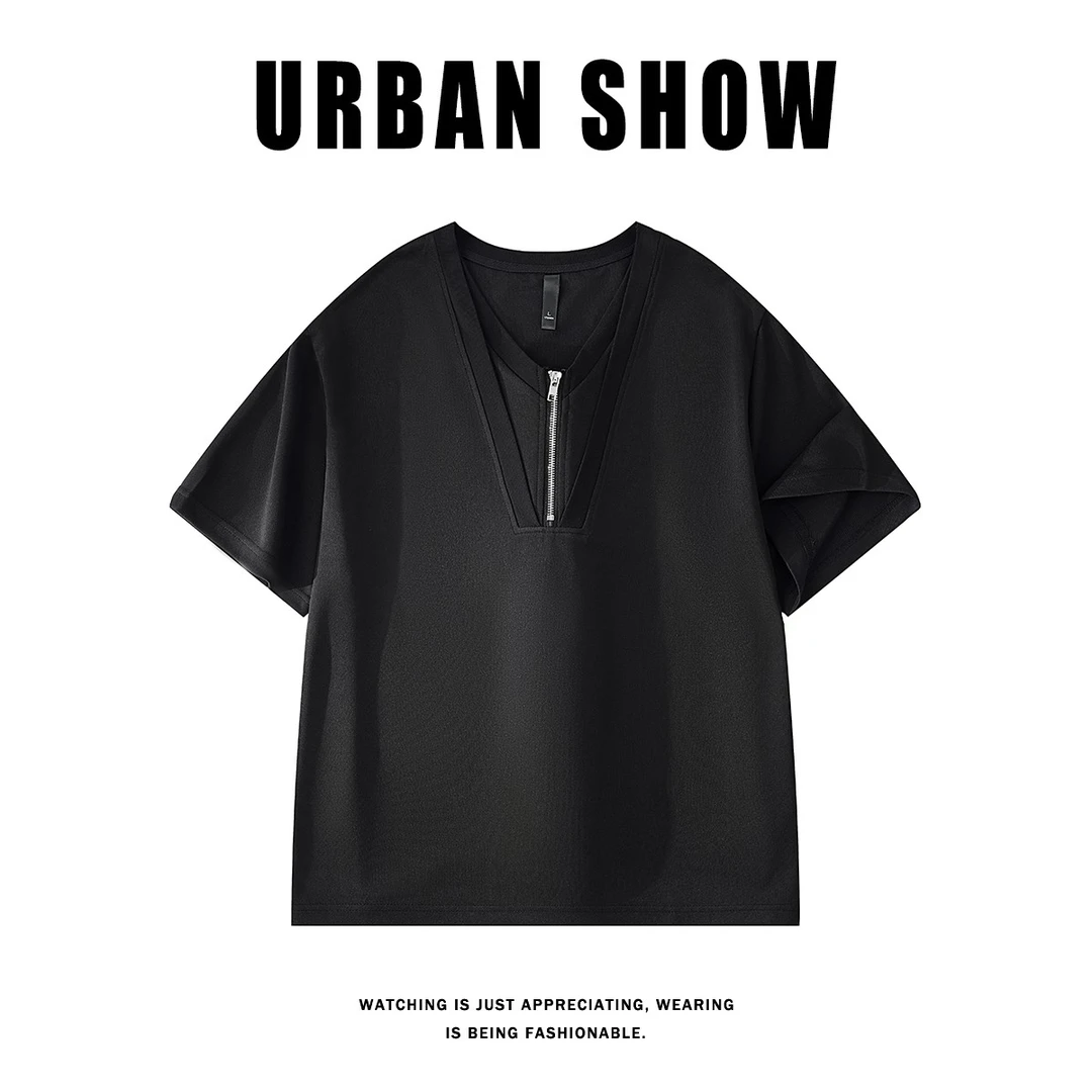 夏季新品小领半拉链休闲简约百搭宽松阔版潮流T恤男装短袖LZT807
