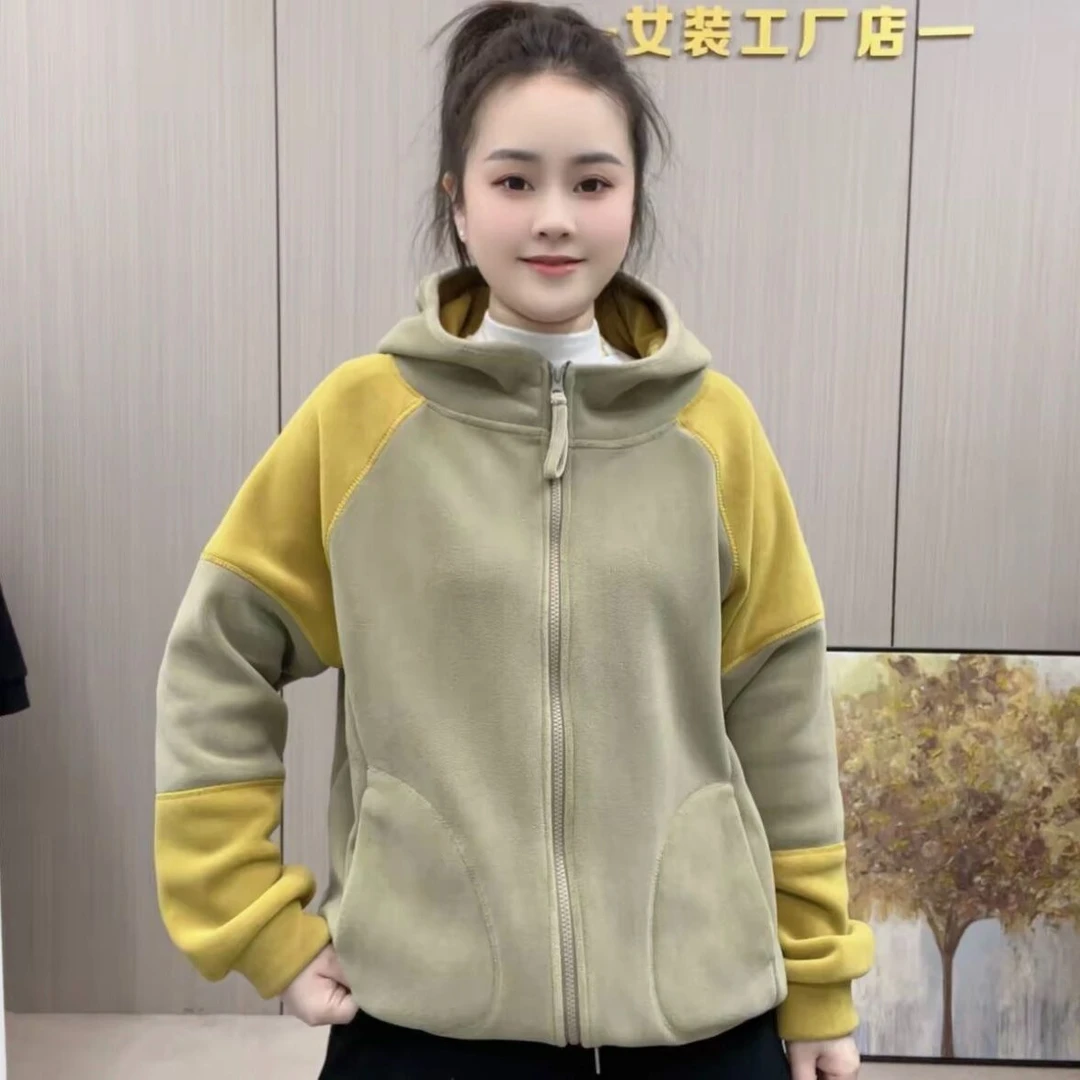 2025秋冬新款时尚休闲百搭双面澳粒绒保暖减龄撞色连帽长袖外套女