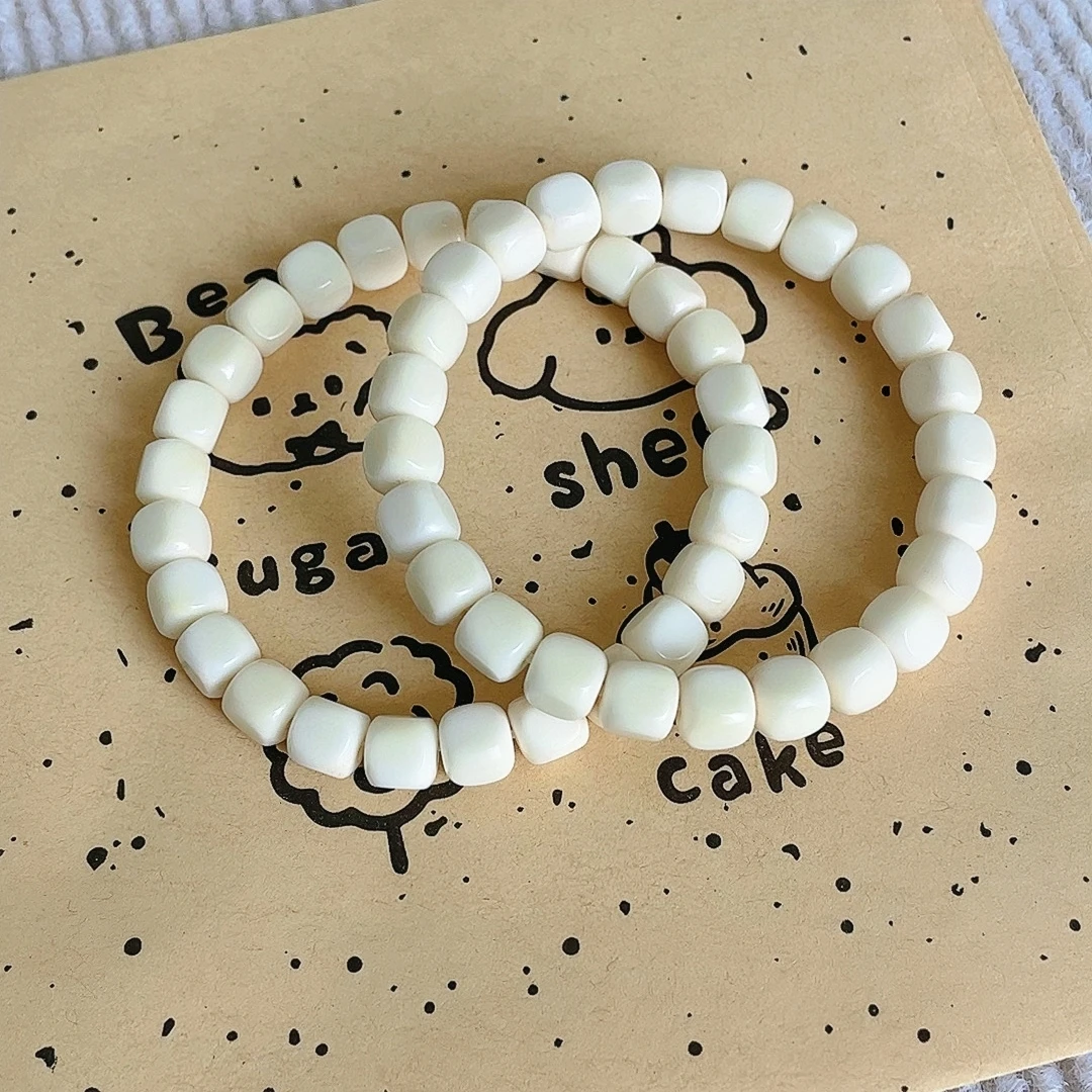 天然白玉菩提六方手串单圈-雕刻方糖小珠原生态菩提绕指柔盘玩