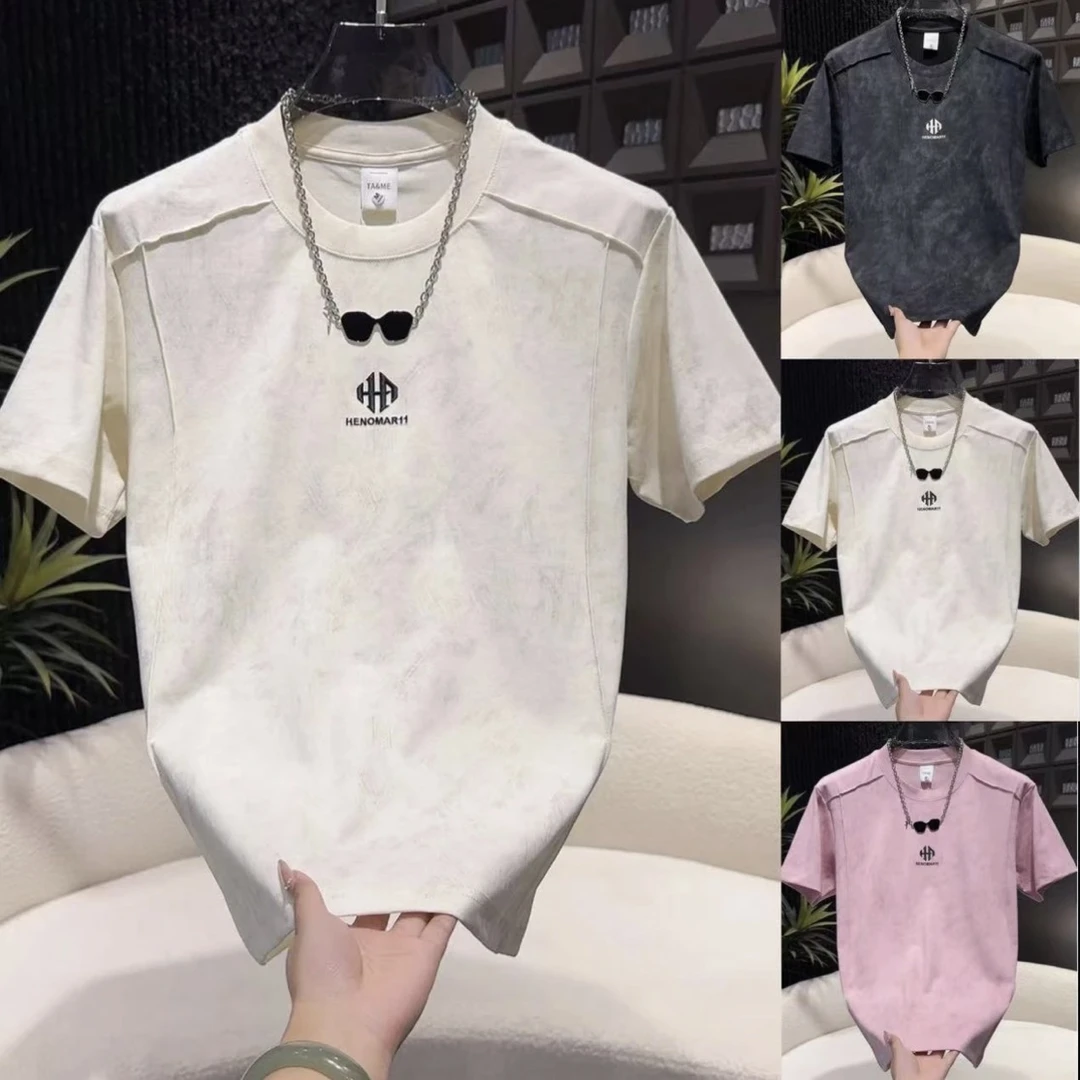 夏季新款扎染字母刺绣男女同款潮流简约扎染设计感时尚圆领短袖