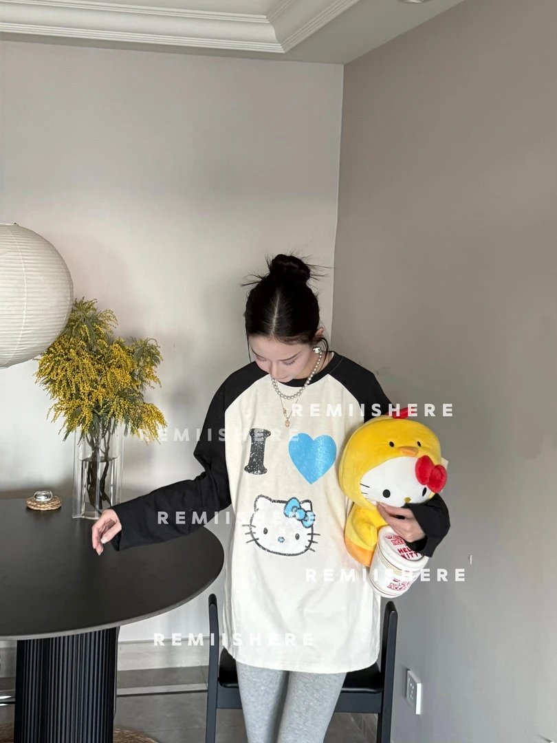 Remiishere.“kitty”卡通套头印花拼接磨边长袖T恤RH203