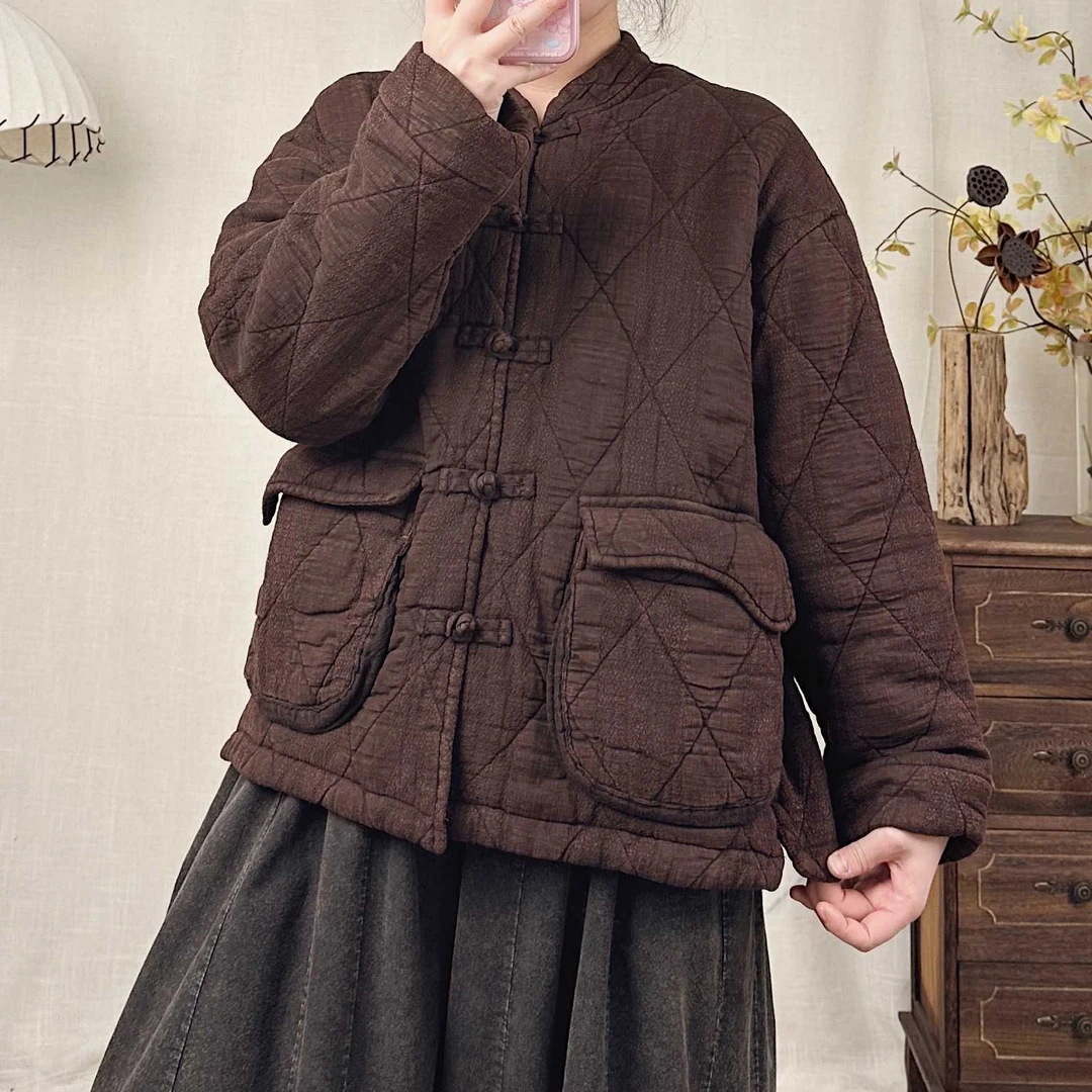 冬季复古加棉加厚立领盘扣宽松保暖亚麻棉服