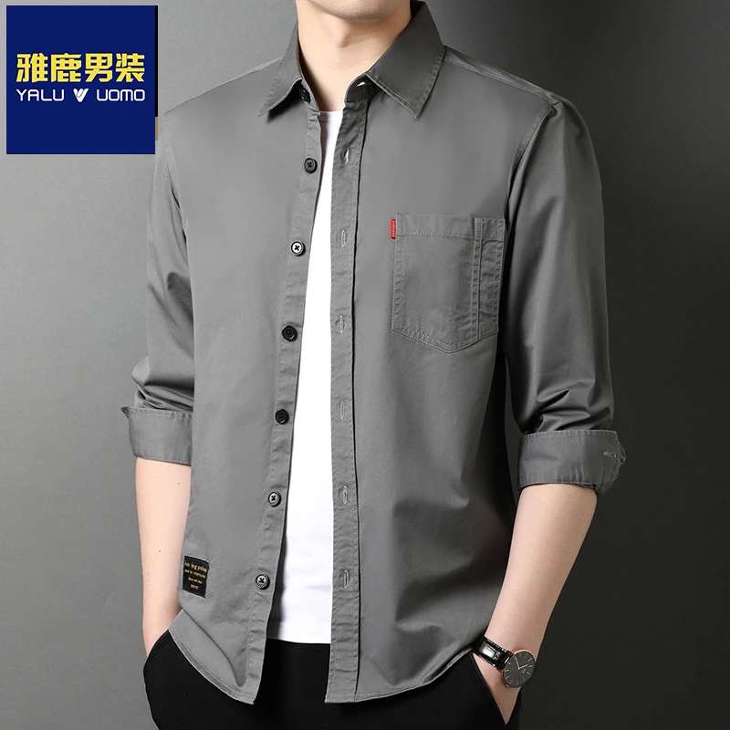 雅鹿男装男士衬衫长袖春秋季新款中青年纯棉衬衣休闲工装上衣外套