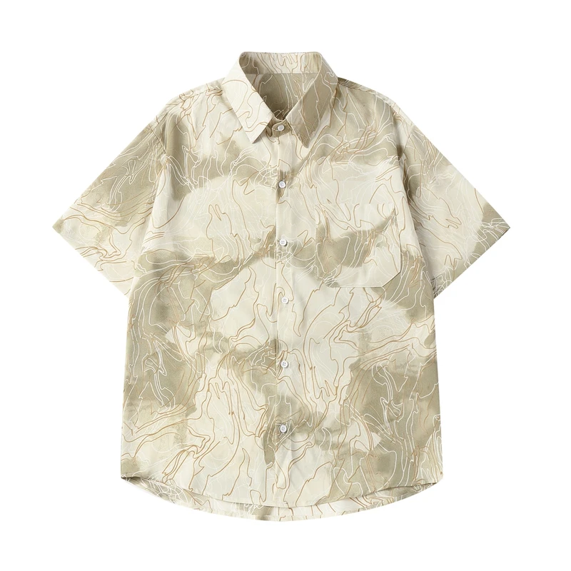 夏季日系复古不规则线条宽松衬衫冰丝雪纺垂感五分袖请拨透气短袖