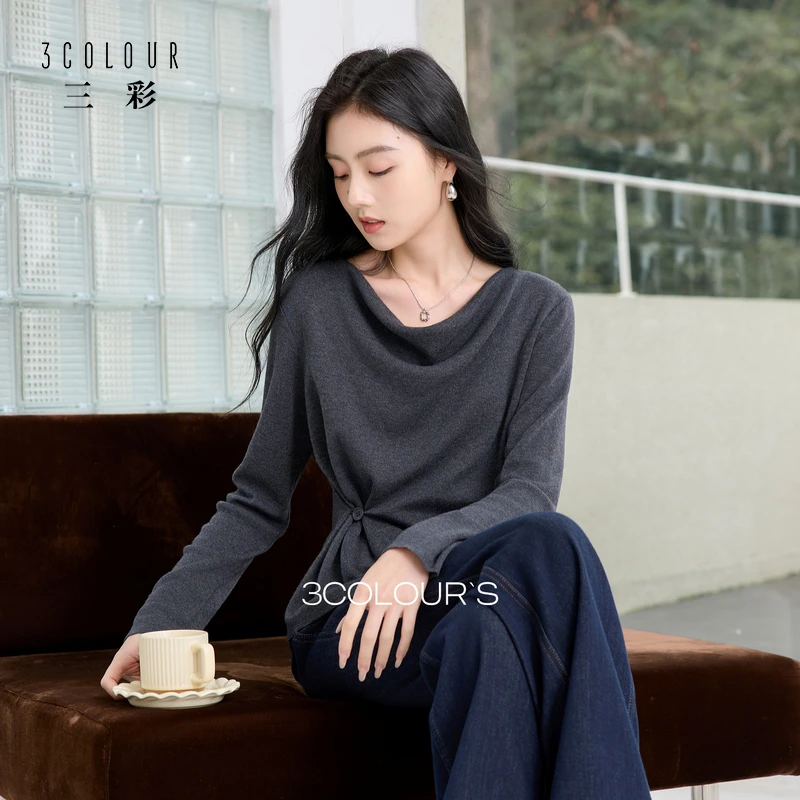 三彩2025初秋新款荡领收腰针织衫长袖纯色套头衫打底衫上衣女S