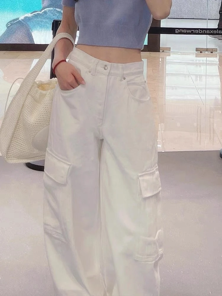 Start 欧美街头辣妹多口袋工装裤中性白色阔腿显瘦休闲长裤女