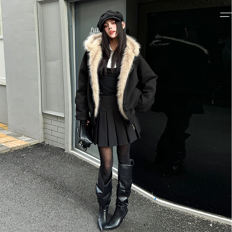 小婉依依 猫耳朵棉服百搭短款加绒保暖连帽冬季皮毛一体棉衣时尚