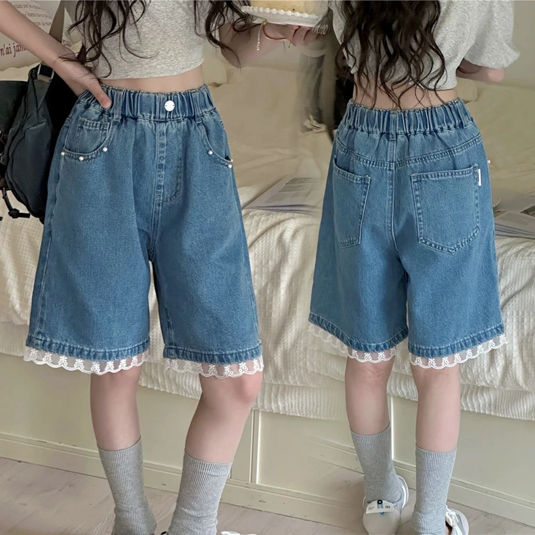 女童牛仔五分裤2025夏季新款中大童蕾丝边洋气时髦短裤1951