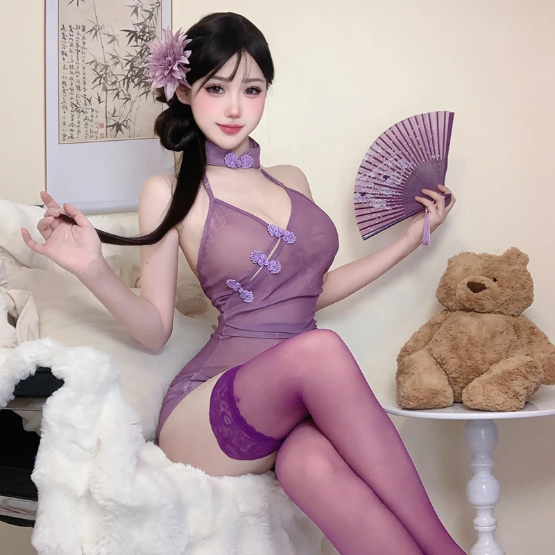 古风内衣纯欲紫色旗袍性感睡衣女古风蝶恋花透视绑带睡衣
