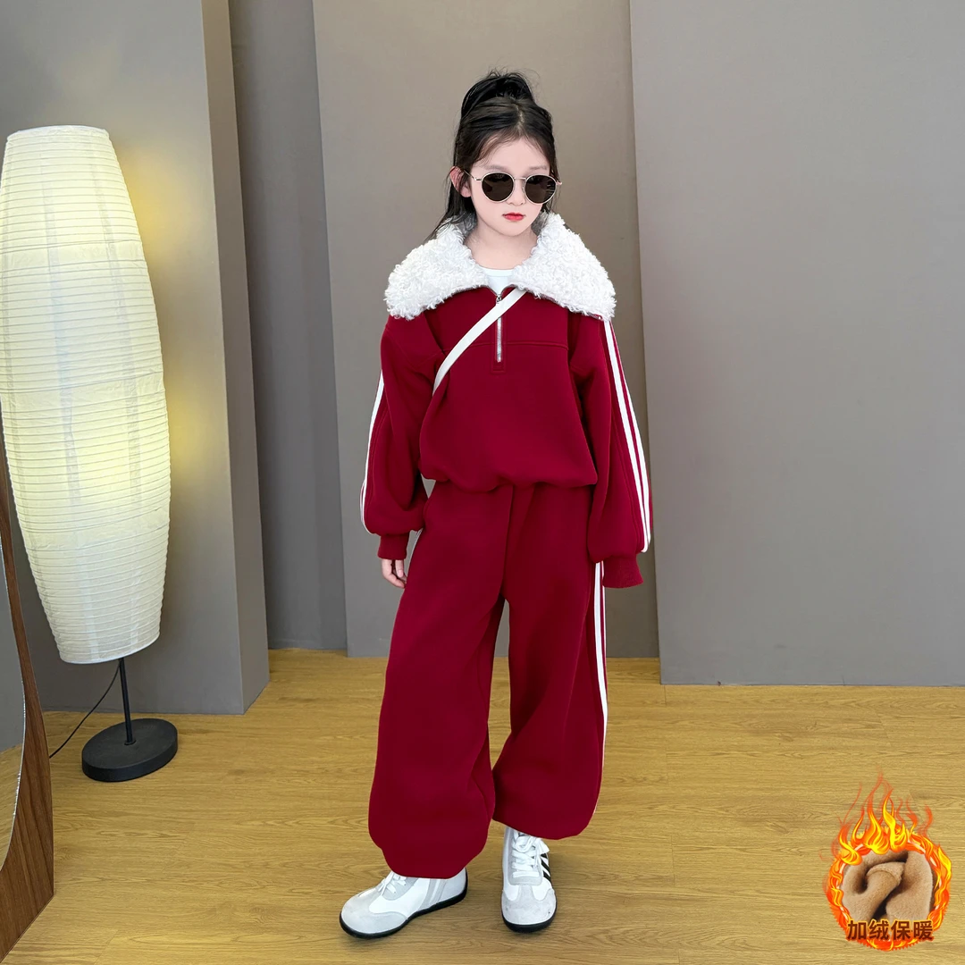 本命年12岁女童衣服冬装2026新款大童加绒卫衣套装女孩红色过年服