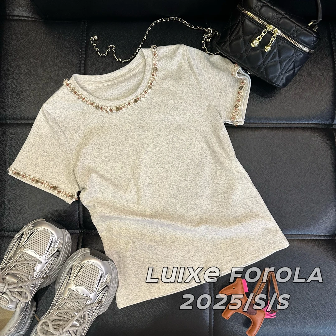 FOROLA 『燕麦色』2025新款短袖重工圆领T恤女显瘦百搭上衣 DD25102